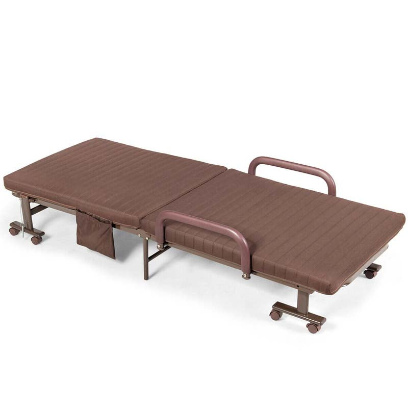 Folding Rollaway Bed with Mattress for Adult, Portable Guest Bed Frame with Adjustable 6 Position & Side Storage Pocket