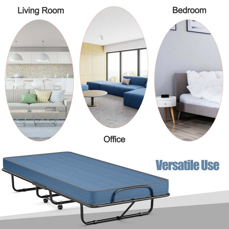 79" x 39" Rollaway Folding Bed with 5" Memory Foam Mattress, Twin Size Portable Guest Bed with Wheels