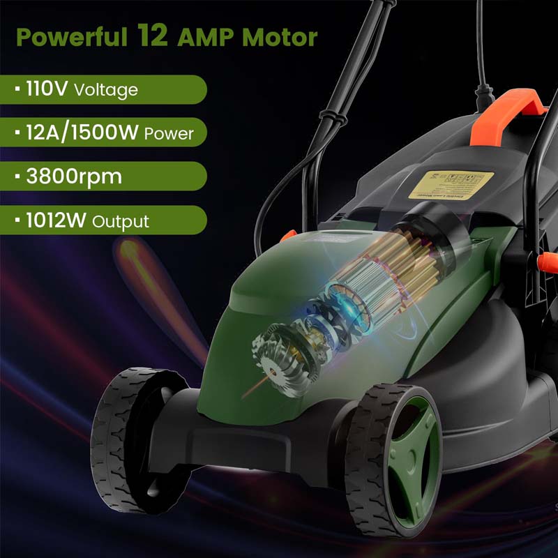 12 AMP 14" Electric Push Lawn Mower 2-in-1 Walk-Behind Lawnmower with Collection Box, 3 Adjustable Height Position
