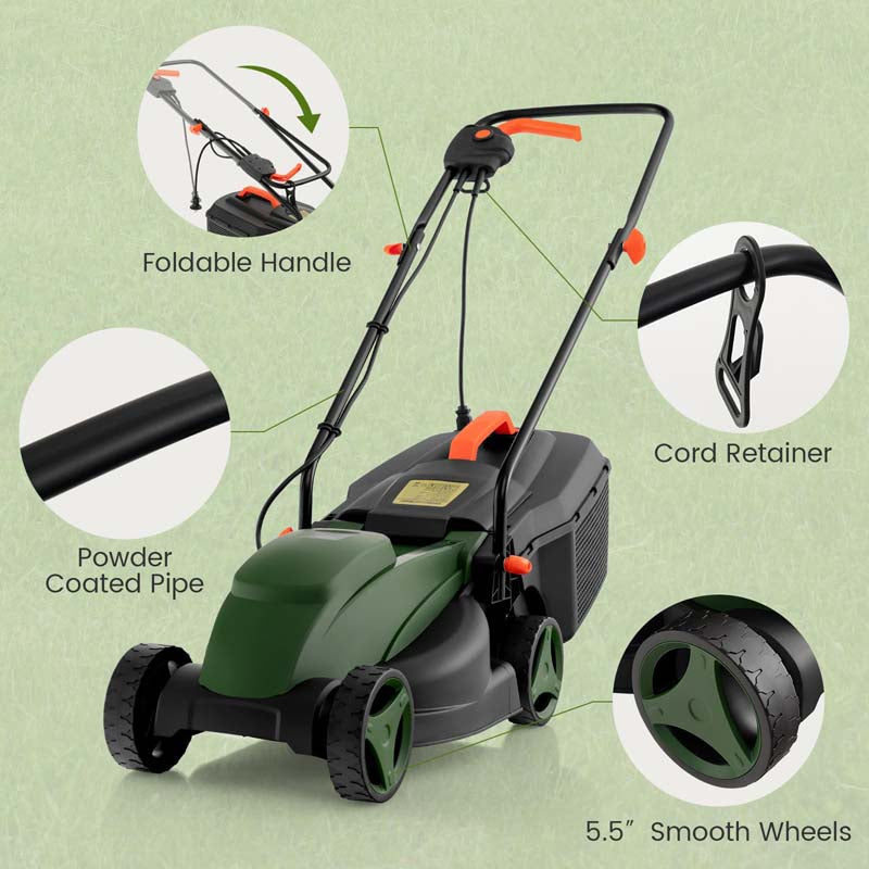 12 AMP 14" Electric Push Lawn Mower 2-in-1 Walk-Behind Lawnmower with Collection Box, 3 Adjustable Height Position