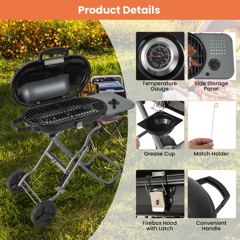 15,000 BTU Folding Stand-Up Gas Grill for Outdoor Cooking Camping, Portable Propane BBQ Grill with Side Table, 2 Wheels, Grease Tray