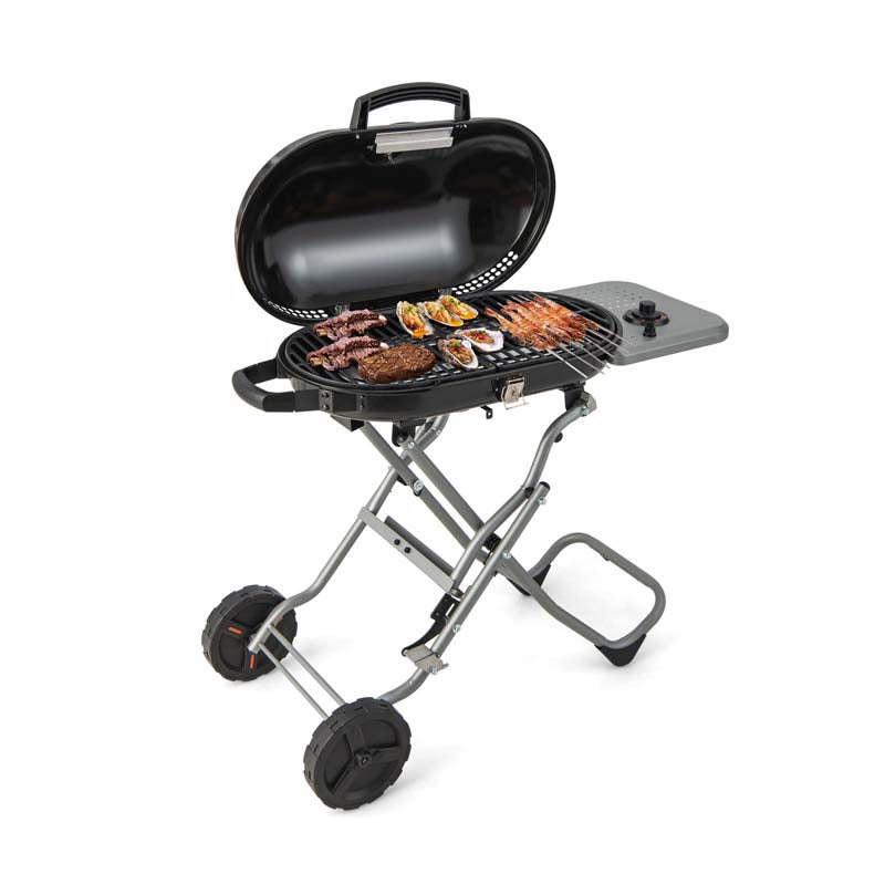 15,000 BTU Folding Stand-Up Gas Grill for Outdoor Cooking Camping, Portable Propane BBQ Grill with Side Table, 2 Wheels, Grease Tray