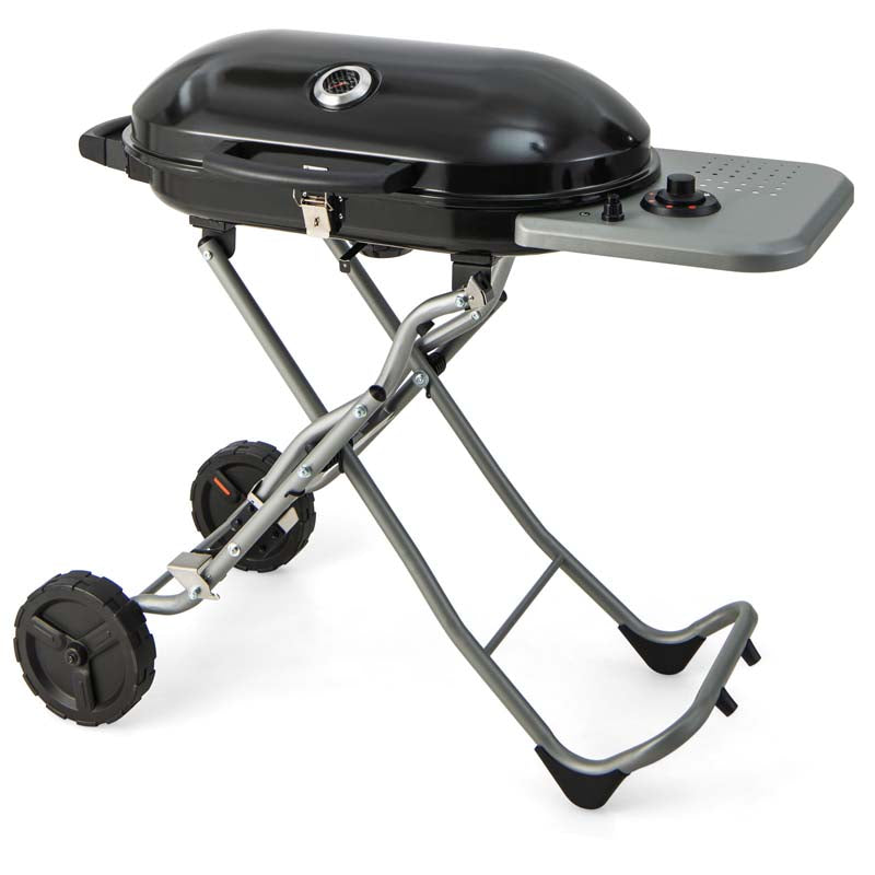 15,000 BTU Folding Stand-Up Gas Grill for Outdoor Cooking Camping, Portable Propane BBQ Grill with Side Table, 2 Wheels, Grease Tray