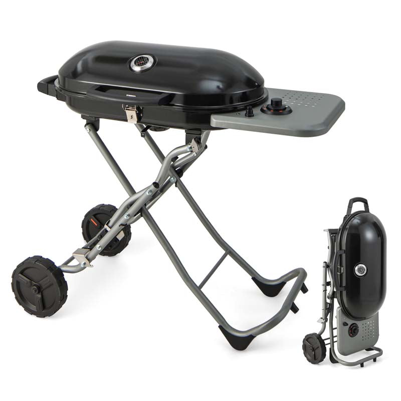 15,000 BTU Folding Stand-Up Gas Grill for Outdoor Cooking Camping, Portable Propane BBQ Grill with Side Table, 2 Wheels, Grease Tray
