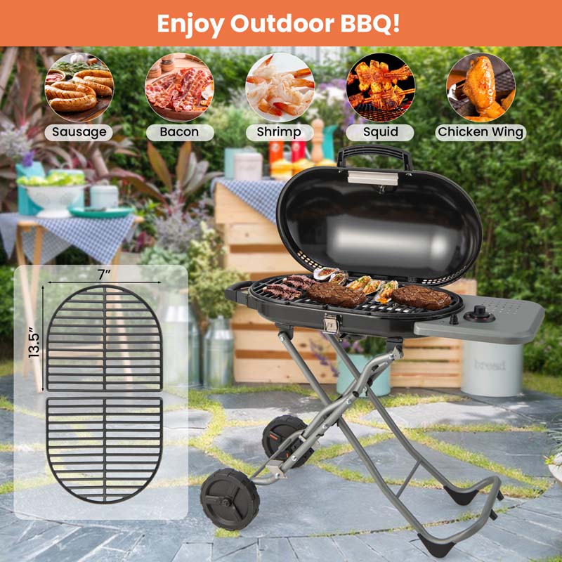 15,000 BTU Folding Stand-Up Gas Grill for Outdoor Cooking Camping, Portable Propane BBQ Grill with Side Table, 2 Wheels, Grease Tray