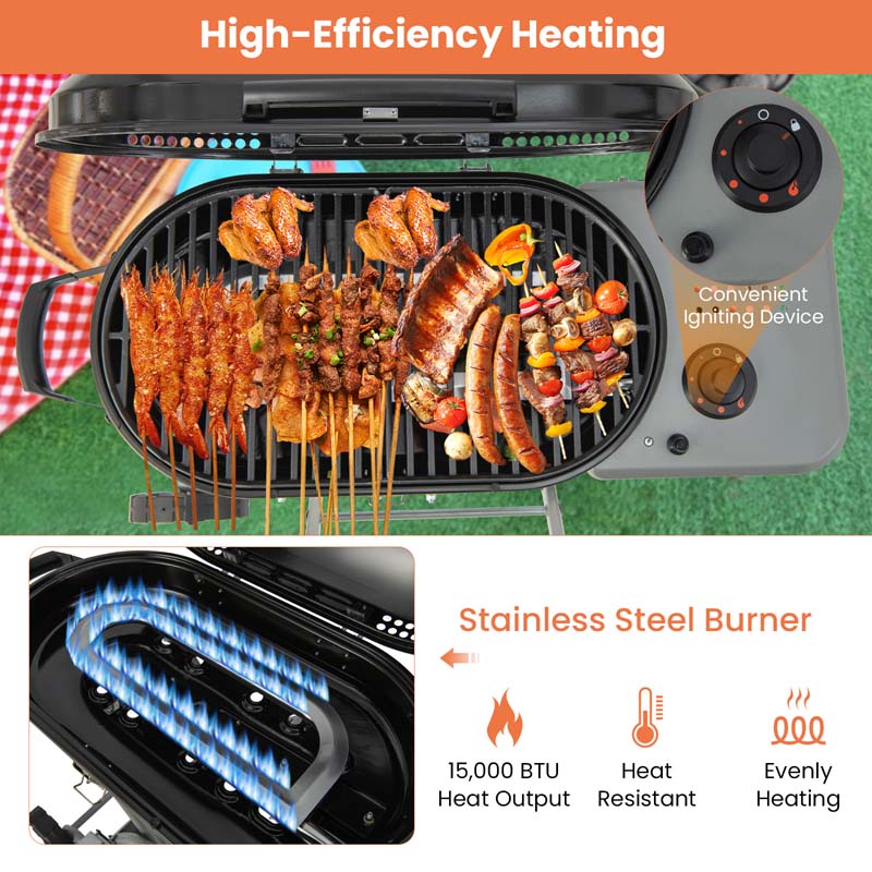 15,000 BTU Folding Stand-Up Gas Grill for Outdoor Cooking Camping, Portable Propane BBQ Grill with Side Table, 2 Wheels, Grease Tray