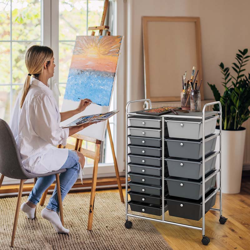 15-Drawer Storage Drawer Cart Tools Scrapbook Paper Organizer Cart Office School Utility Cart Rolling Storage Cart with Wheels