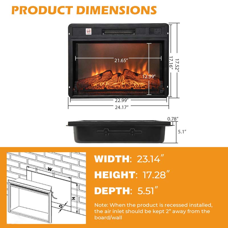 23" Electric Fireplace Insert, 1400W Recessed Fireplace Heater with 3 LED Realistic Flame Effects, Remote Control, 6H Timer