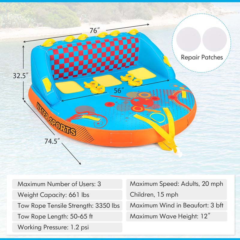Inflatable Towable Tubes for Boating, 3 Riders Water Sport Towables Sofa Pull Tube with Drainage, Dual Front & Back Tow Points