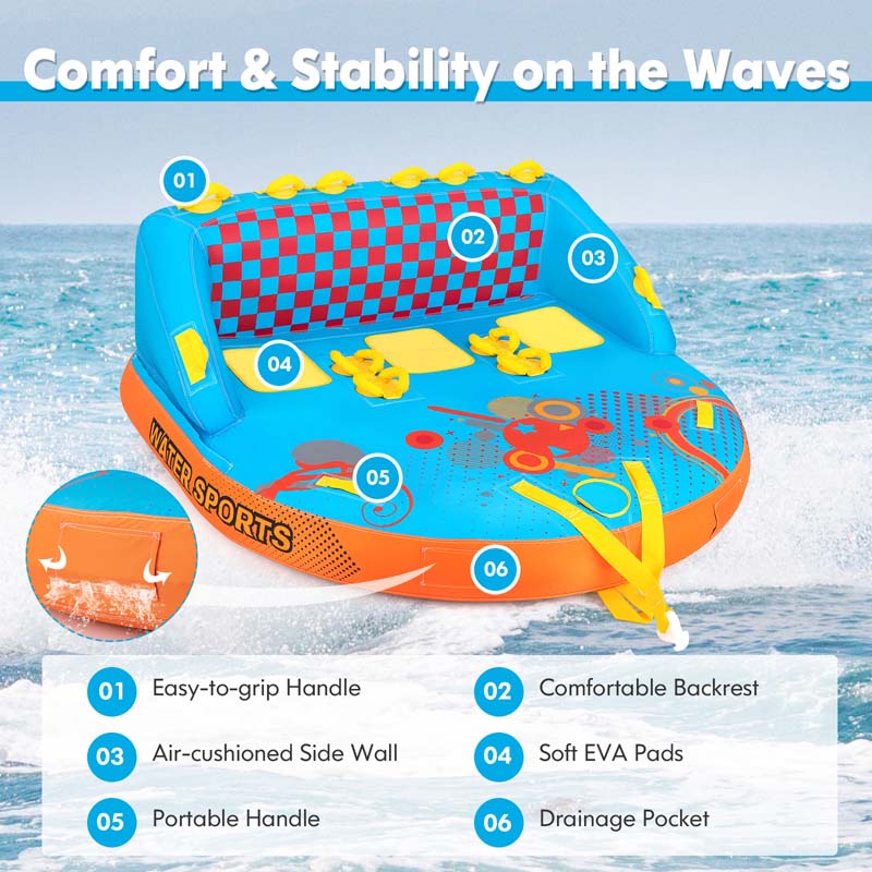 Inflatable Towable Tubes for Boating, 3 Riders Water Sport Towables Sofa Pull Tube with Drainage, Dual Front & Back Tow Points