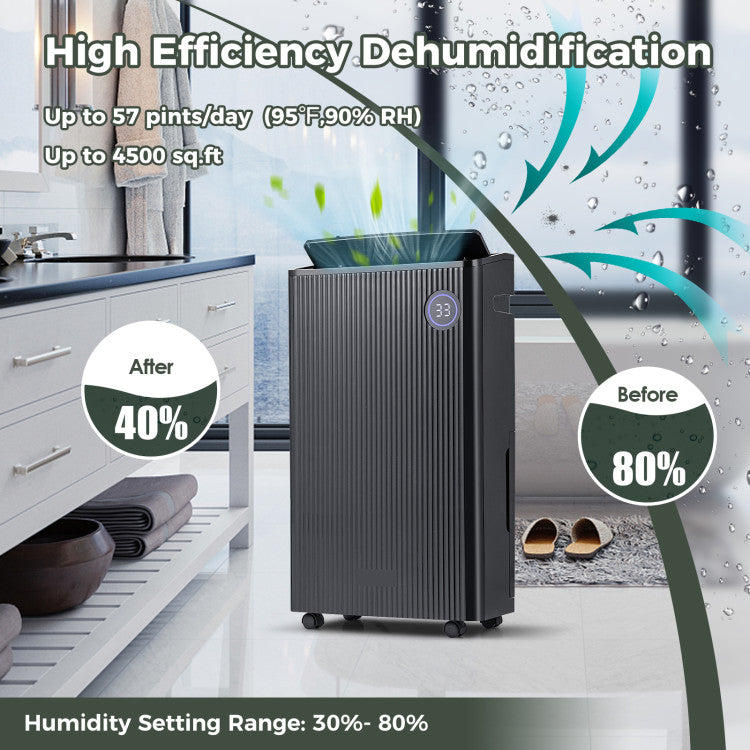 57 Pint Home Dehumidifier for Basement, 4500 Sq. Ft Portable Dehumidifier with Auto & Manual Drainage, Smart Control and Clear Display