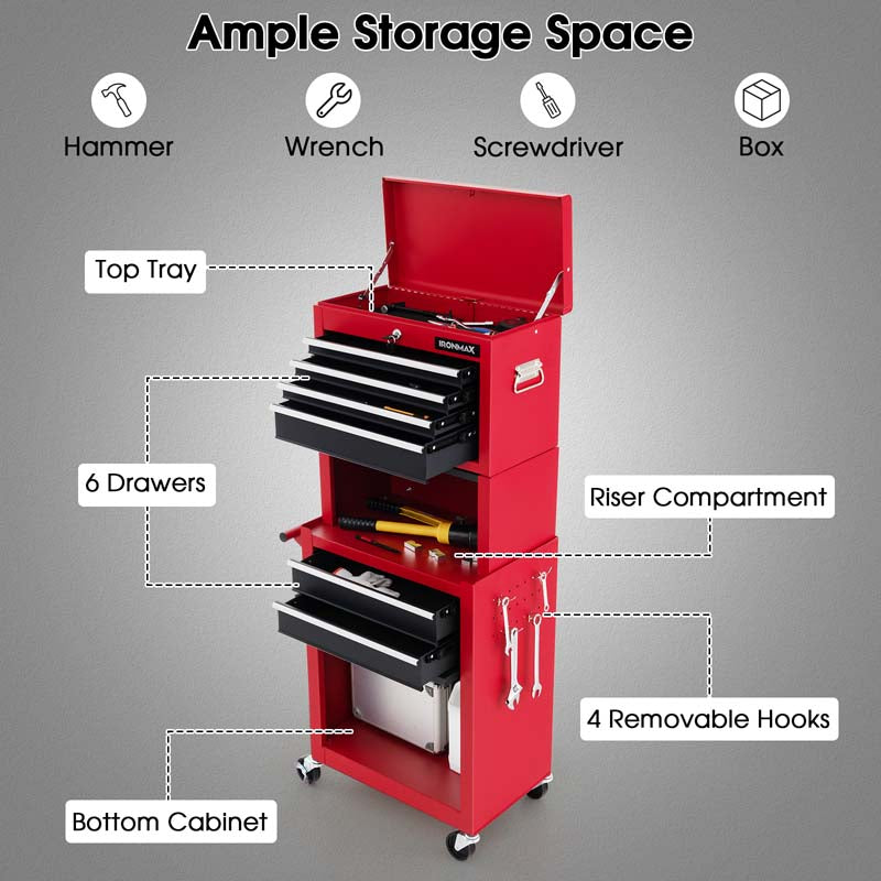 Heightened 6-Drawer Rolling Tool Chest Cabinet with Riser & Lock, 3 in 1 Big Toolbox Organizer for Workshop Garage