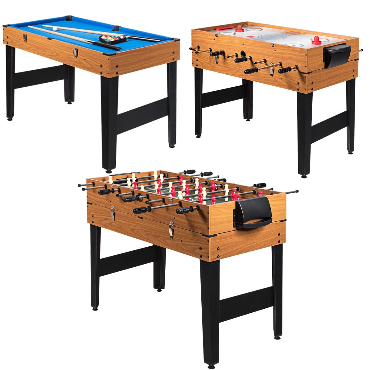 48" 3-in-1 Combo Game Table with Soccer, Billiard, Slide Hockey, Wood Multi Game Table Foosball Table for Game Room