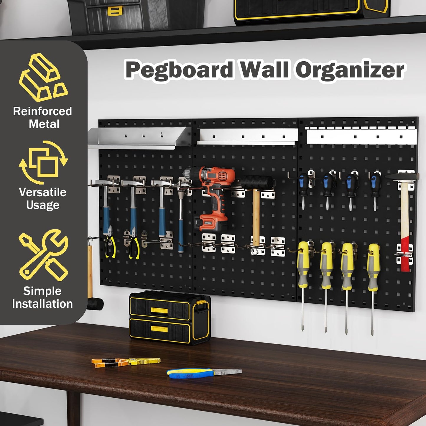 3 Pcs Metal Pegboard Panels w/25 Hooks, Storage Platform & Square Hole, Heavy Duty Pegboard Wall Organizer, Peg Board for Workshop Tool Storage