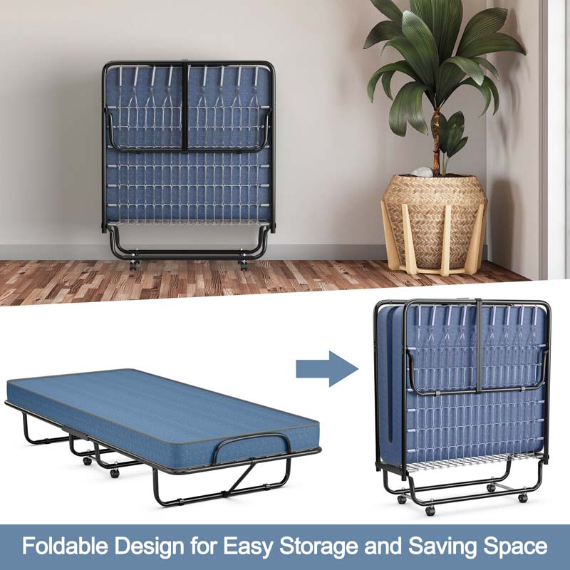79" x 39" Rollaway Folding Bed with 5" Memory Foam Mattress, Twin Size Portable Guest Bed with Wheels