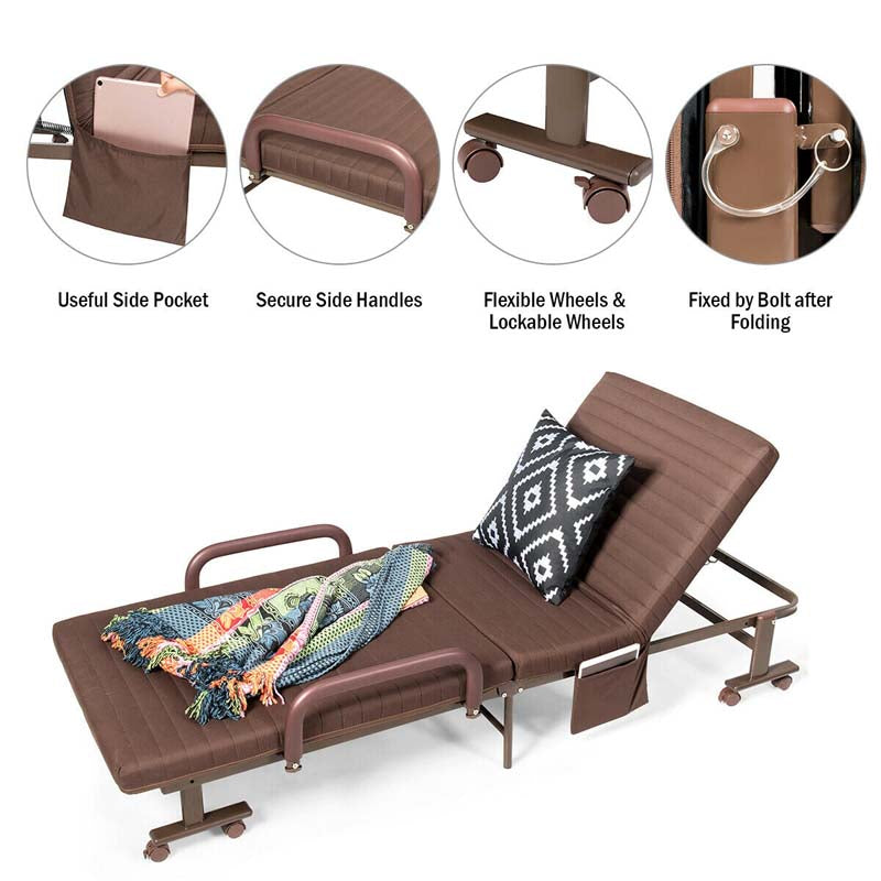 Folding Rollaway Bed with Mattress for Adult, Portable Guest Bed Frame with Adjustable 6 Position & Side Storage Pocket