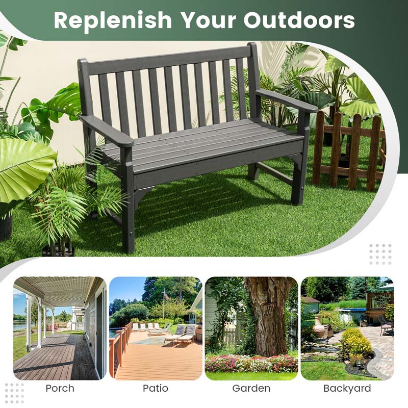 50" HDPE All-Weather Outdoor Patio Bench 2-Person Garden Park Bench Porch Loveseat Chair with Backrest & Armrests
