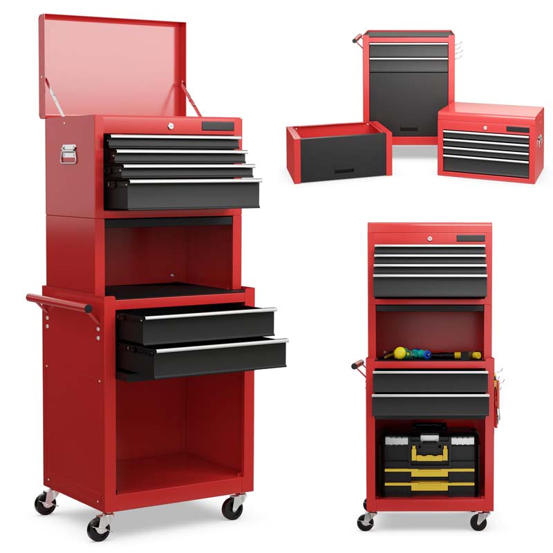 Heightened 6-Drawer Rolling Tool Chest Cabinet with Riser & Lock, 3 in 1 Big Toolbox Organizer for Workshop Garage