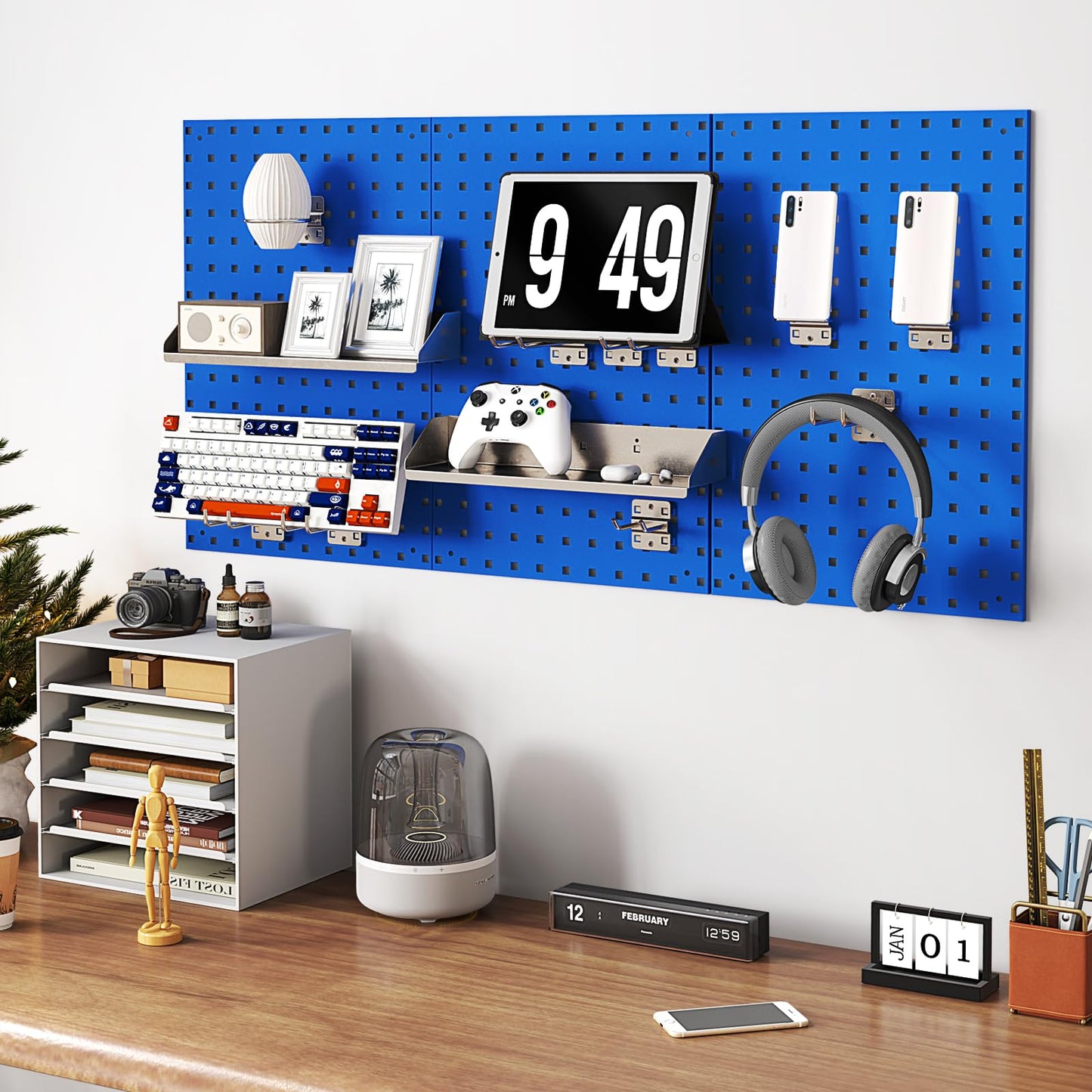 3 Pcs Metal Pegboard Panels w/25 Hooks, Storage Platform & Square Hole, Heavy Duty Pegboard Wall Organizer, Peg Board for Workshop Tool Storage