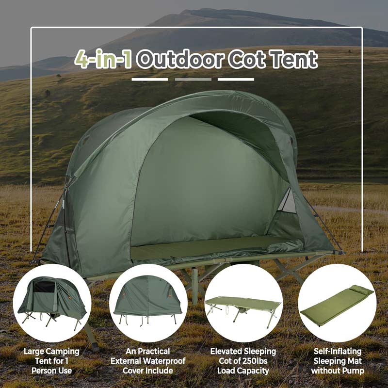 4-in-1 1-Person Camping Cot Tent Foldable Elevated Tent Set with Waterproof External Cover, Air Mattress & Carrying Bag