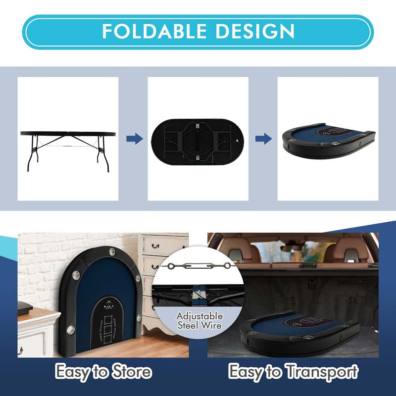 10 Players Folding Game Poker Table for Texas, Card Games, Casino Leisure Table with Cup Holder, 4 USB Ports, Extra Lights