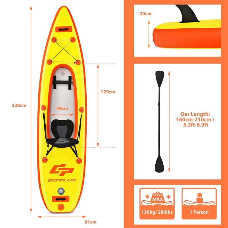 1-Person Inflatable Kayak for Touring & Fishing with Adjustable Aluminum Oars, 11FT Portable Recreational Rowboat Canoe Raft