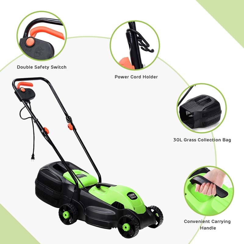 12 Amp 14" Corded Electric Lawn Mower, 3 Adjustable Cutting Heights Push Mower with 30L Grass Collection Bag