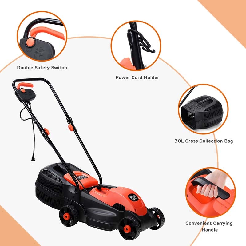 12 Amp 14" Corded Electric Lawn Mower, 3 Adjustable Cutting Heights Push Mower with 30L Grass Collection Bag