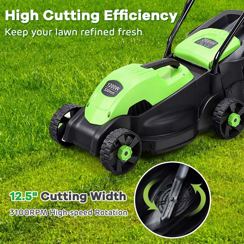 12 Amp 14" Corded Electric Lawn Mower, 3 Adjustable Cutting Heights Push Mower with 30L Grass Collection Bag