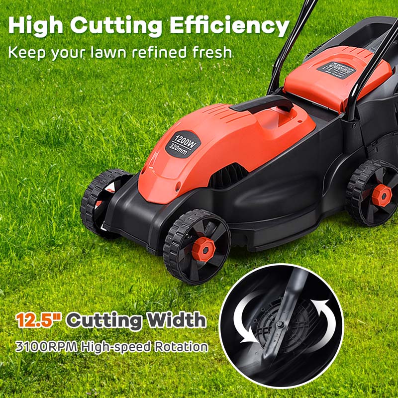 12 Amp 14" Corded Electric Lawn Mower, 3 Adjustable Cutting Heights Push Mower with 30L Grass Collection Bag