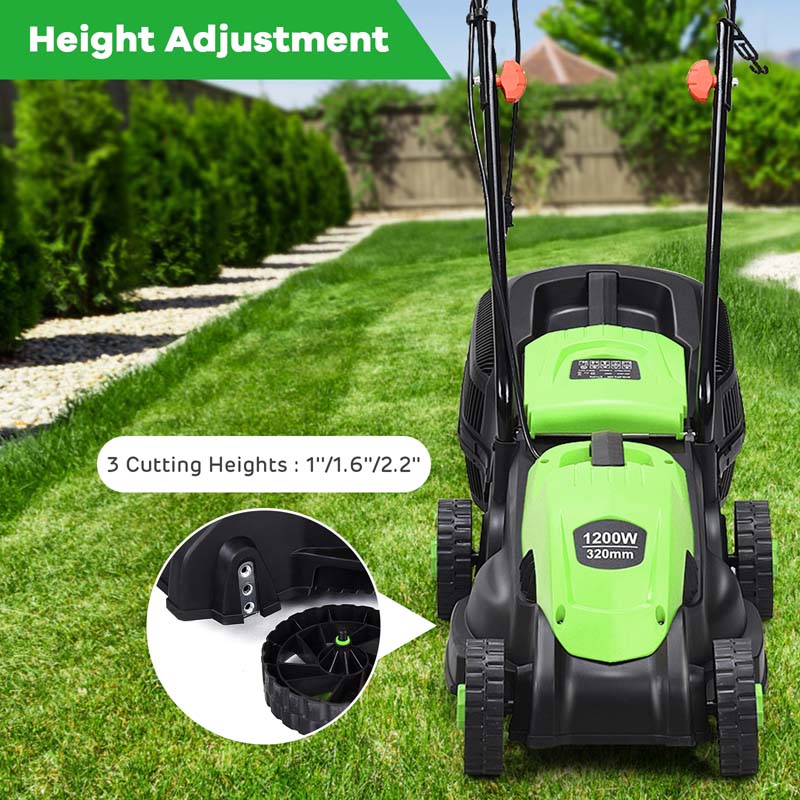 12 Amp 14" Corded Electric Lawn Mower, 3 Adjustable Cutting Heights Push Mower with 30L Grass Collection Bag