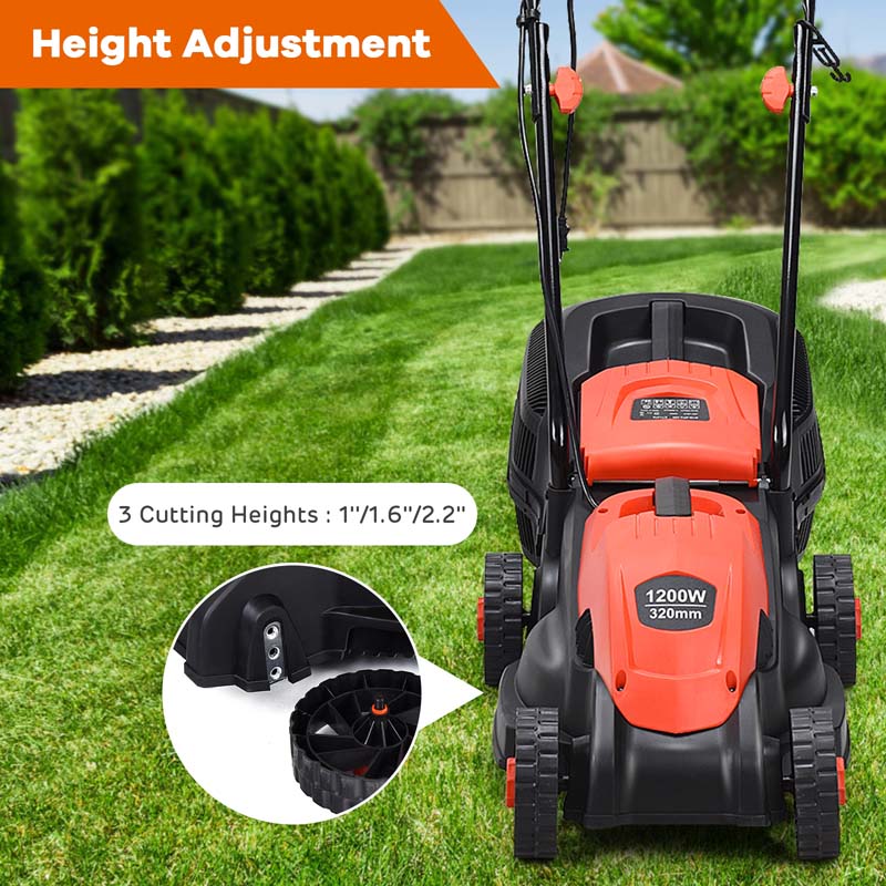 12 Amp 14" Corded Electric Lawn Mower, 3 Adjustable Cutting Heights Push Mower with 30L Grass Collection Bag