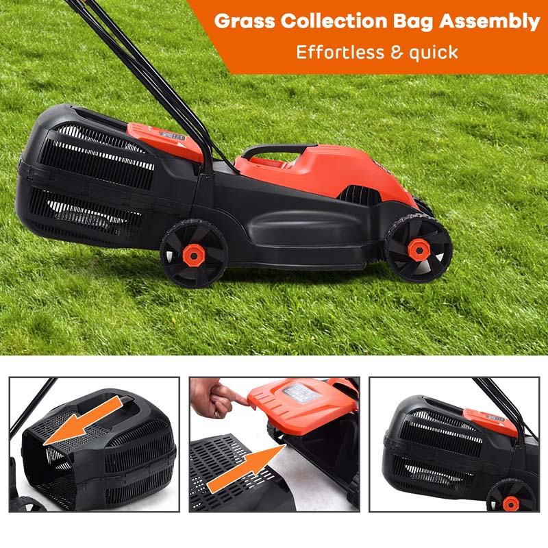 12 Amp 14" Corded Electric Lawn Mower, 3 Adjustable Cutting Heights Push Mower with 30L Grass Collection Bag