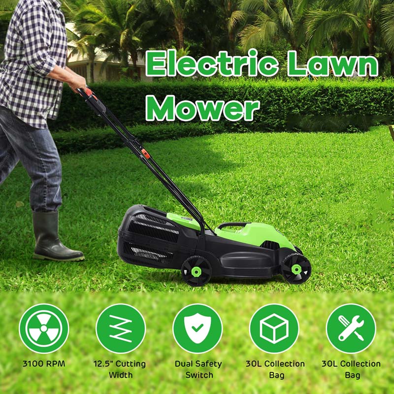 12 Amp 14" Corded Electric Lawn Mower, 3 Adjustable Cutting Heights Push Mower with 30L Grass Collection Bag