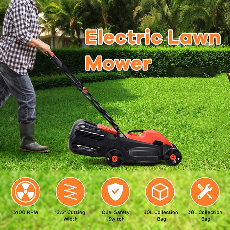 12 Amp 14" Corded Electric Lawn Mower, 3 Adjustable Cutting Heights Push Mower with 30L Grass Collection Bag