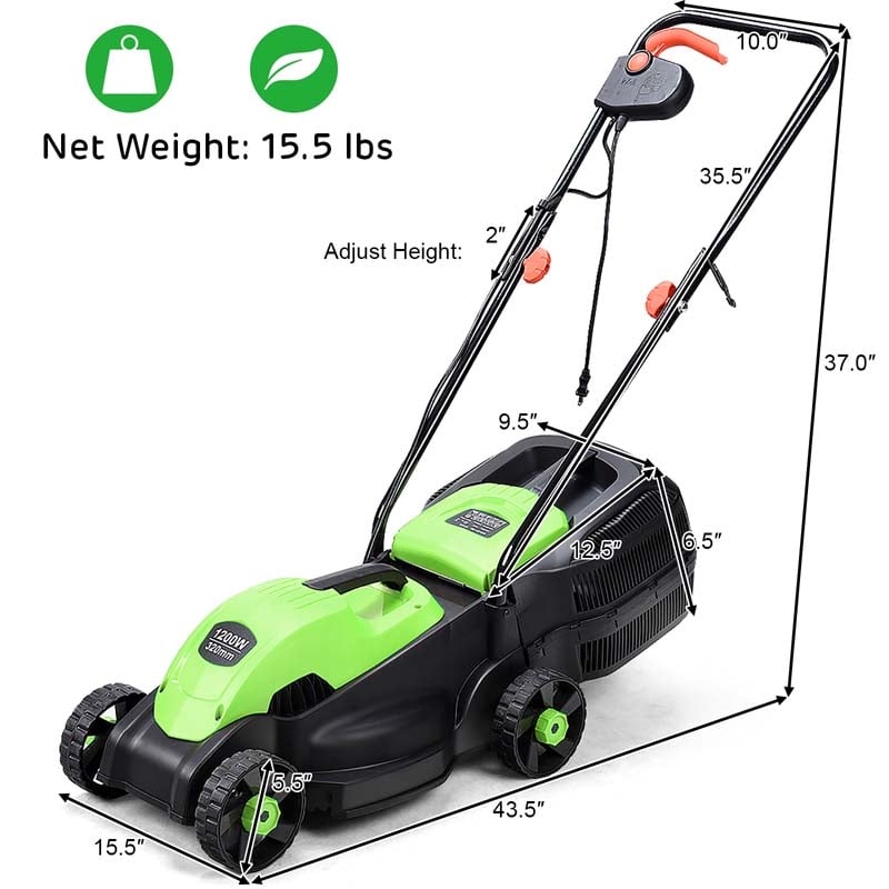 12 Amp 14" Corded Electric Lawn Mower, 3 Adjustable Cutting Heights Push Mower with 30L Grass Collection Bag