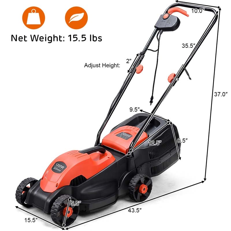 12 Amp 14" Corded Electric Lawn Mower, 3 Adjustable Cutting Heights Push Mower with 30L Grass Collection Bag