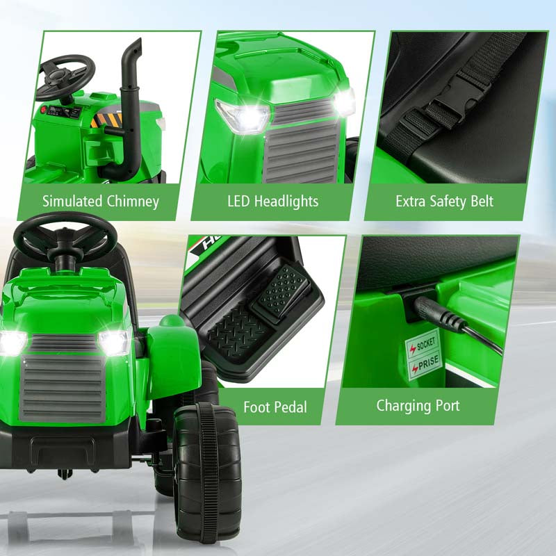 2-in-1 Kids Ride On Tractor, 12V Battery Powered Electric Toy Car with Trailer, LED Lights, Music, 3-Gear-Shift Ground Loader
