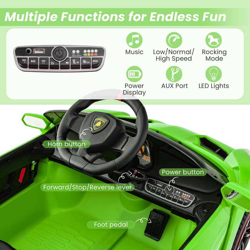 Lamborghini Licensed Kids Ride On 4WD Sports Car, 12V Battery Electric Vehicle Toy with Remote Control, 3 Speeds, Hydraulic Doors