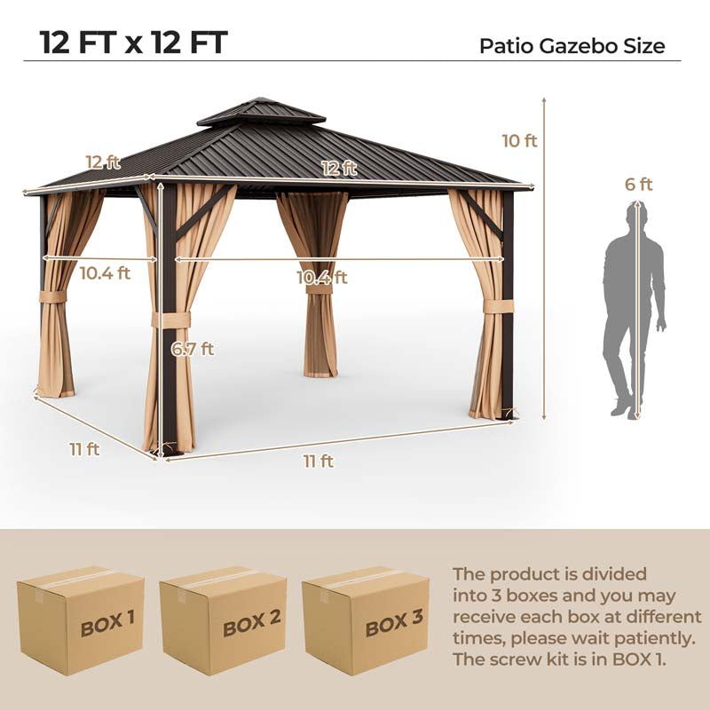 12 x 12 FT Outdoor Patio Hardtop Gazebo with Galvanized Steel Double-Roof & Aluminum Frame, Netting and Curtains