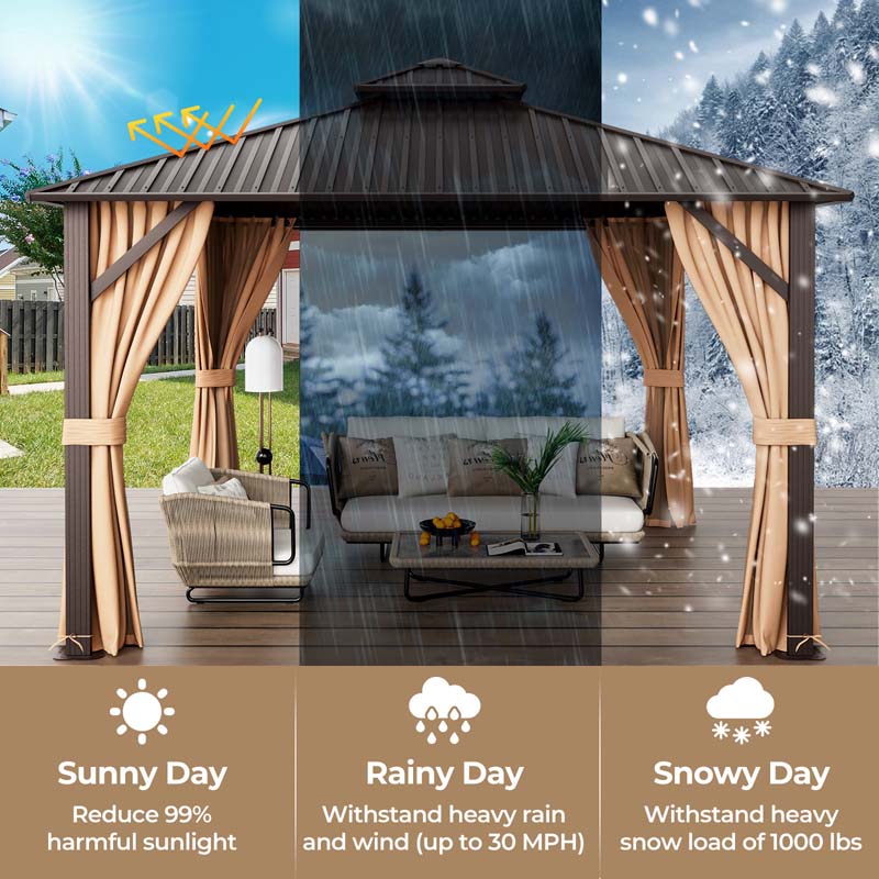 12 x 12 FT Outdoor Patio Hardtop Gazebo with Galvanized Steel Double-Roof & Aluminum Frame, Netting and Curtains