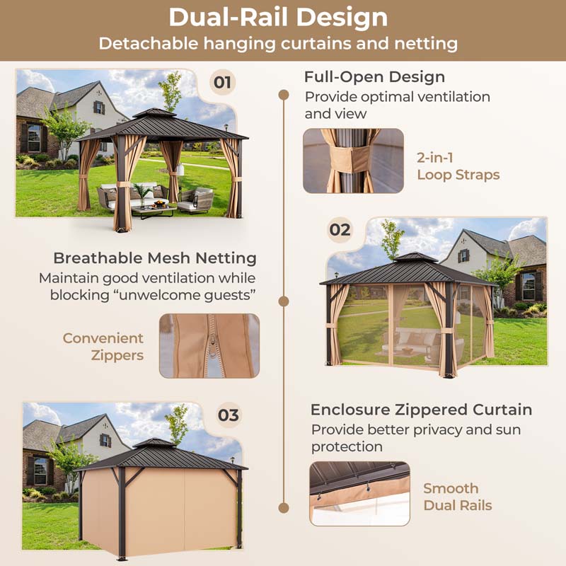 12 x 12 FT Outdoor Patio Hardtop Gazebo with Galvanized Steel Double-Roof & Aluminum Frame, Netting and Curtains