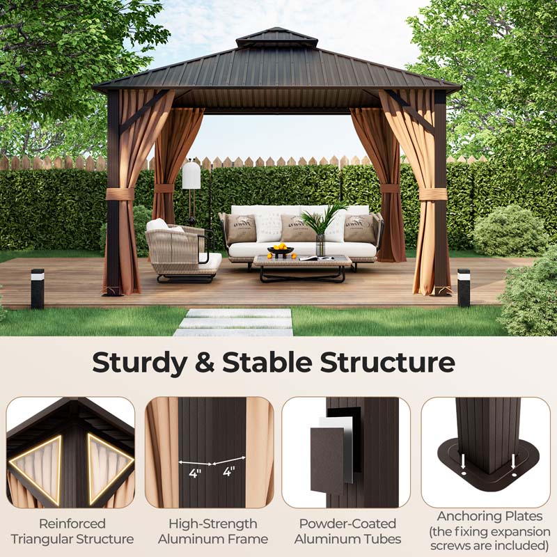 12 x 12 FT Outdoor Patio Hardtop Gazebo with Galvanized Steel Double-Roof & Aluminum Frame, Netting and Curtains