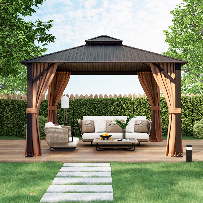 12 x 12 FT Outdoor Patio Hardtop Gazebo with Galvanized Steel Double-Roof & Aluminum Frame, Netting and Curtains