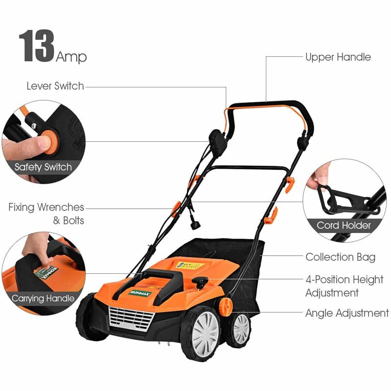 2-in-1 Electric Lawn Dethatcher & Scarifier with Folding Handle, 13 Amp 15" Corded Grass Dethatcher with 50L Collection Bag
