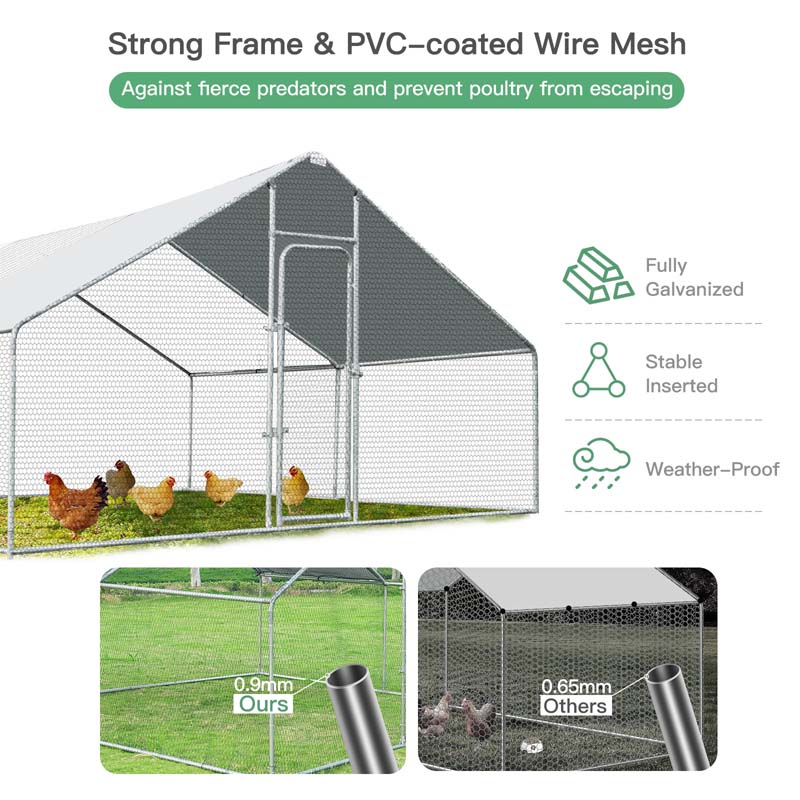 13 FT Galvanized Metal Large Walk-in Chicken Coop Cage Runs Hen House with Cover & Lockable Door