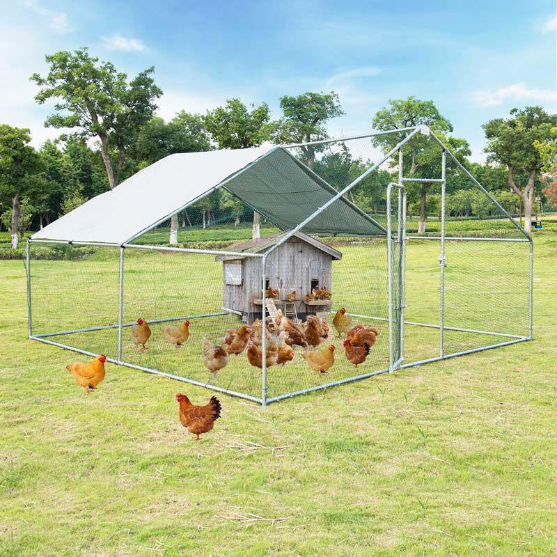 13 FT Galvanized Metal Large Walk-in Chicken Coop Cage Runs Hen House with Cover & Lockable Door