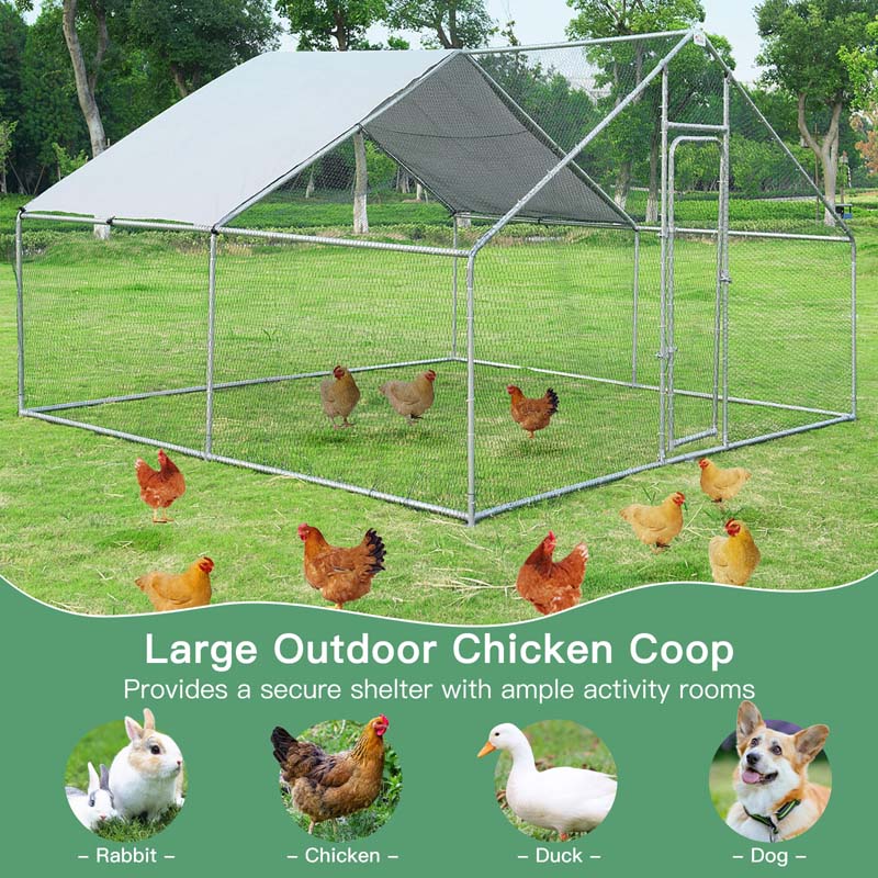 13 FT Galvanized Metal Large Walk-in Chicken Coop Cage Runs Hen House with Cover & Lockable Door