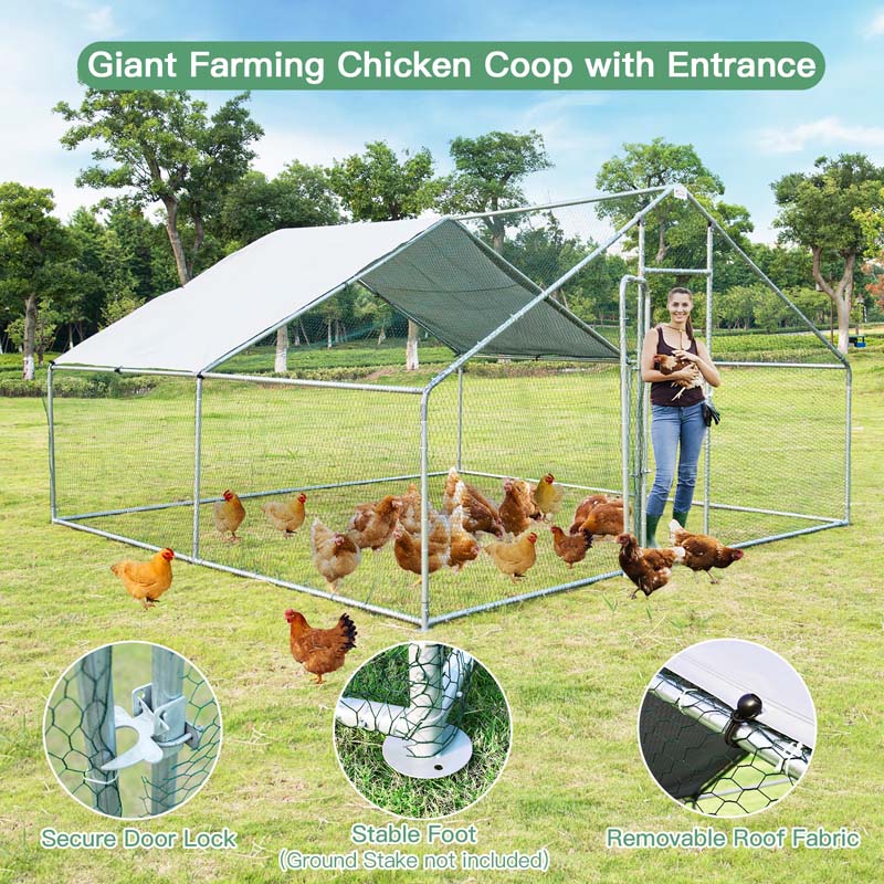 13 FT Galvanized Metal Large Walk-in Chicken Coop Cage Runs Hen House with Cover & Lockable Door