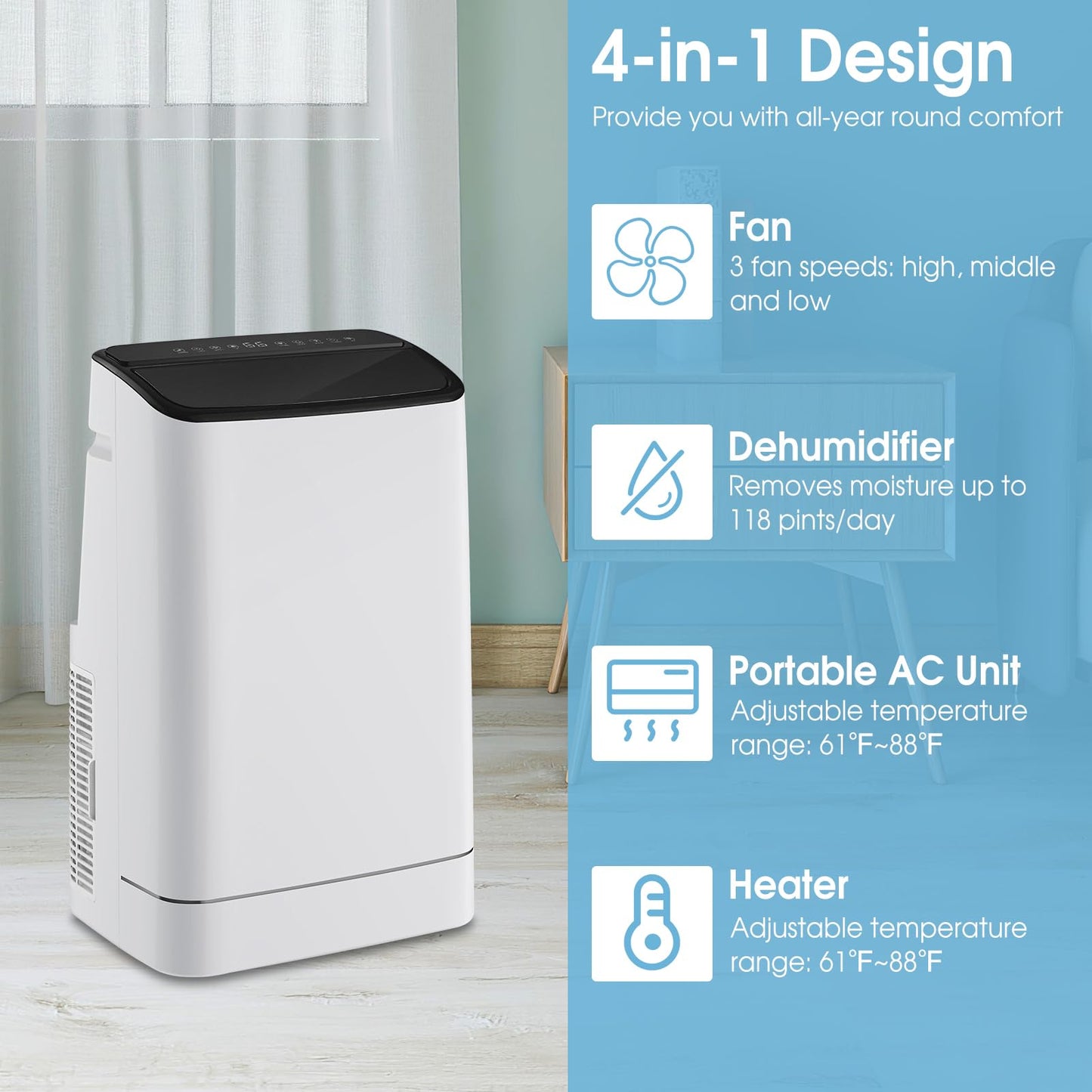 15000 BTU 4-in-1 Portable Air Conditioner with Heat, Auto Swing, Dehumidifier, Remote/APP Control & Window Kit